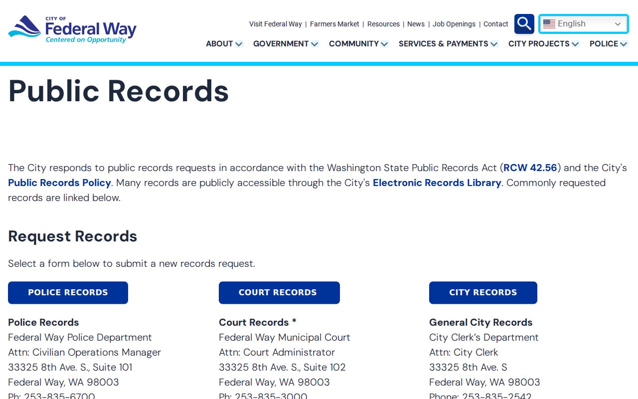 Federal Way public records instructions and custodian choices